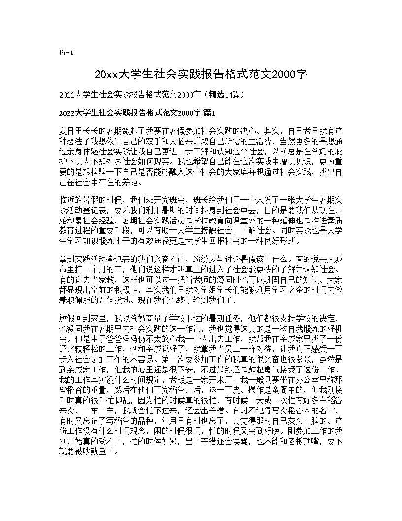 2025大学生社会实践报告格式范文2000字14篇