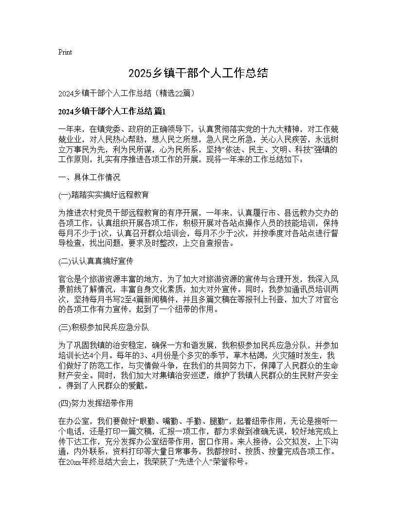 2025乡镇干部个人工作总结22篇