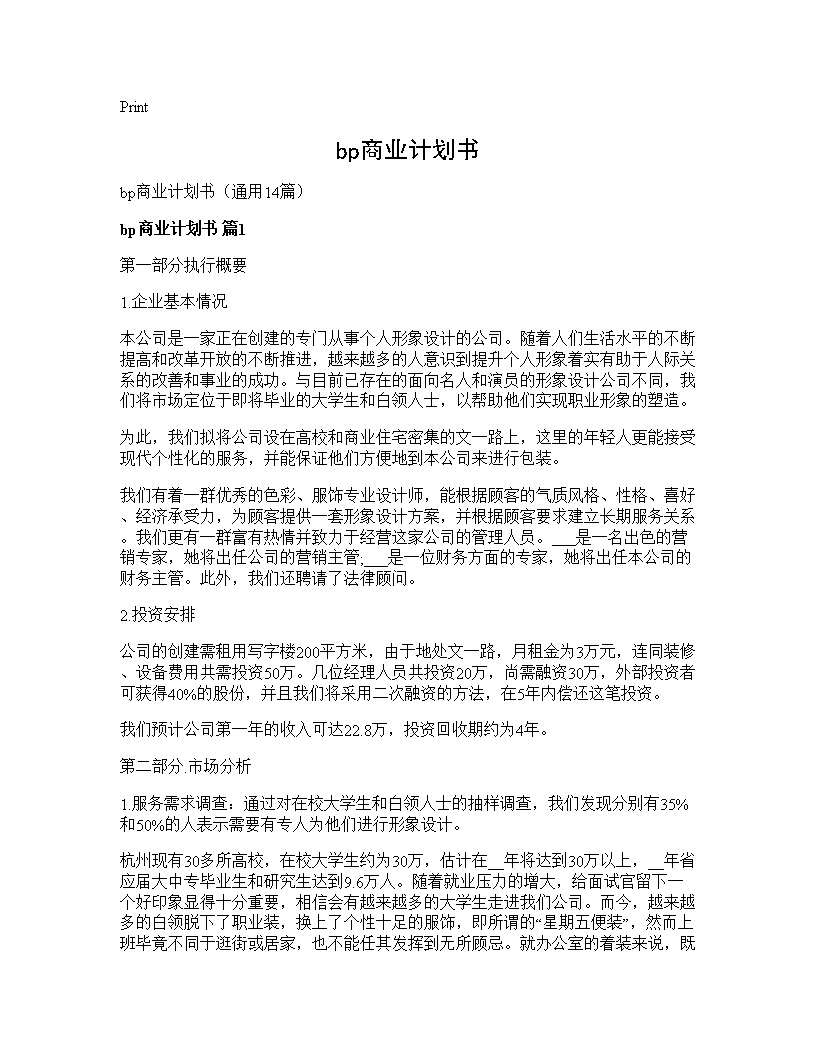 bp商业计划书14篇