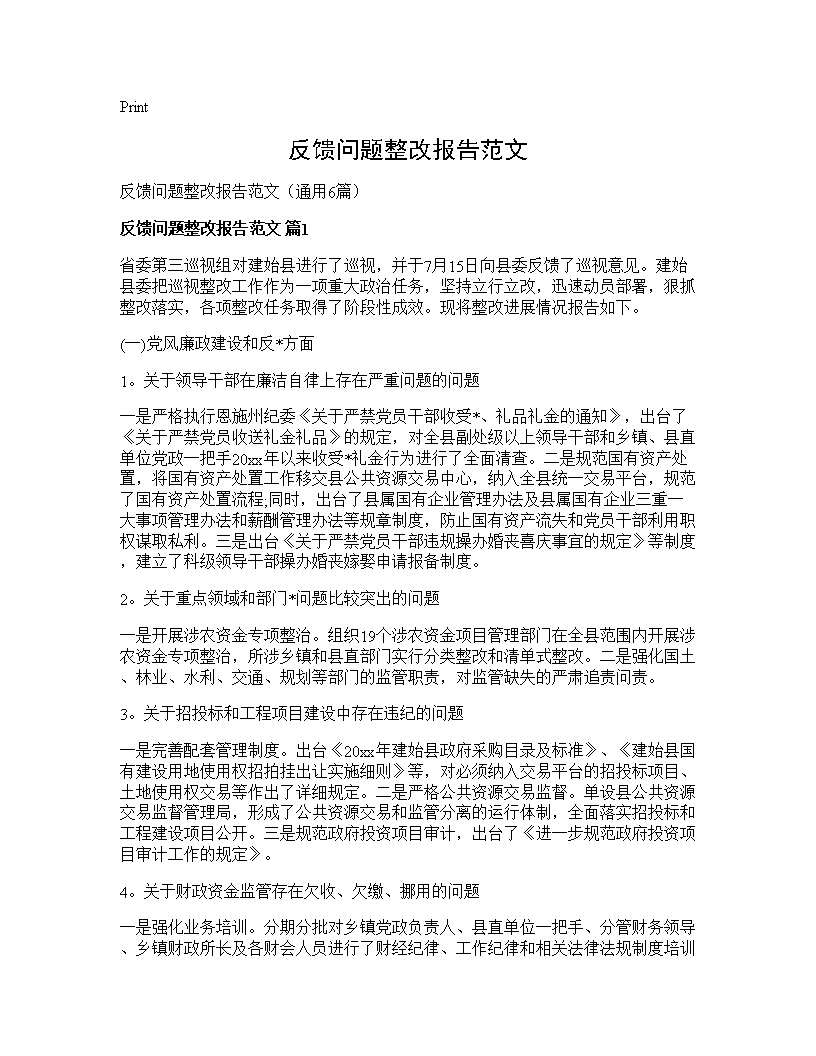 反馈问题整改报告范文6篇