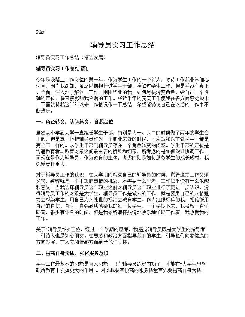 辅导员实习工作总结20篇