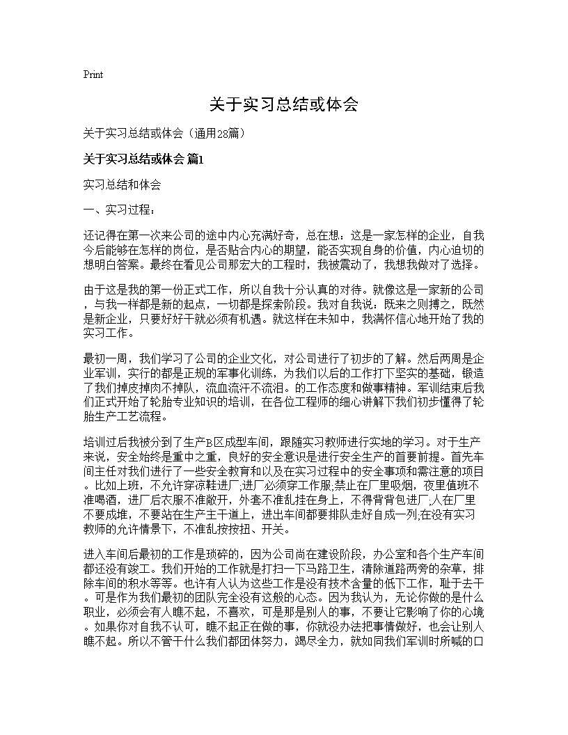 关于实习总结或体会28篇