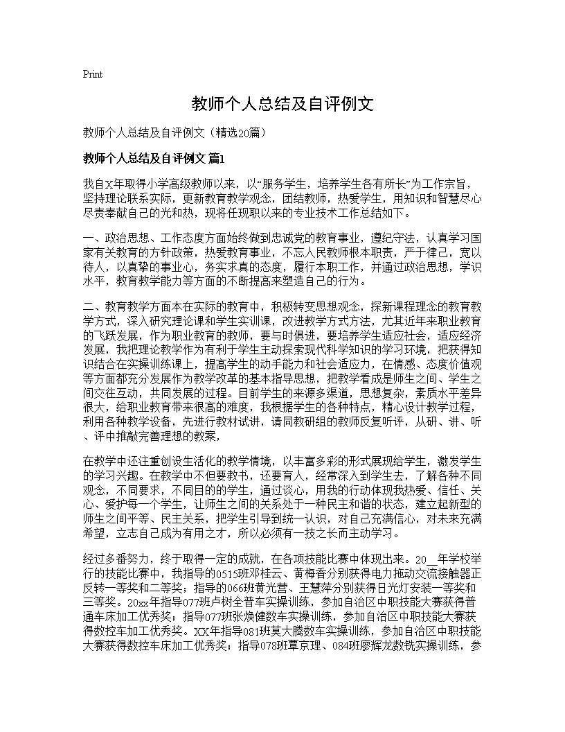 教师个人总结及自评例文20篇