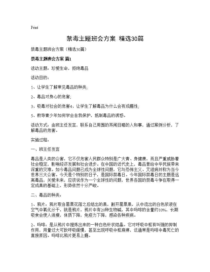 禁毒主题班会方案(精选30篇)