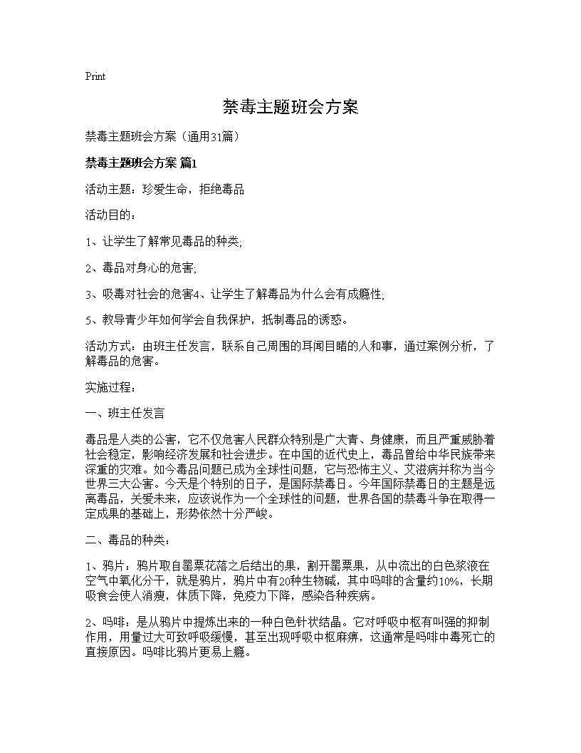 禁毒主题班会方案31篇