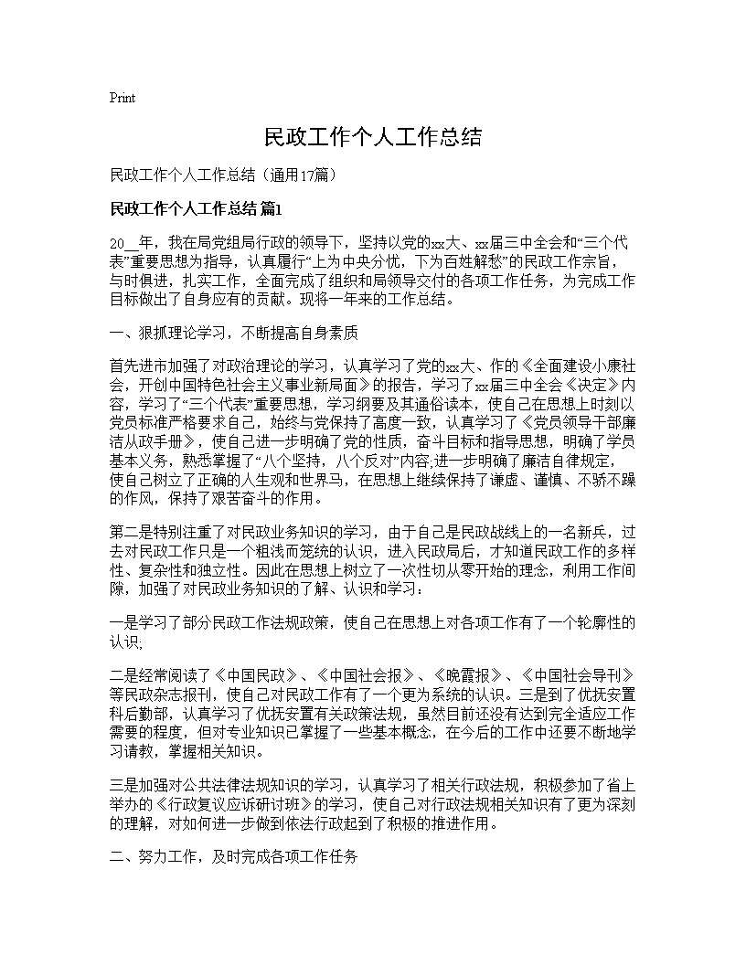 民政工作个人工作总结17篇