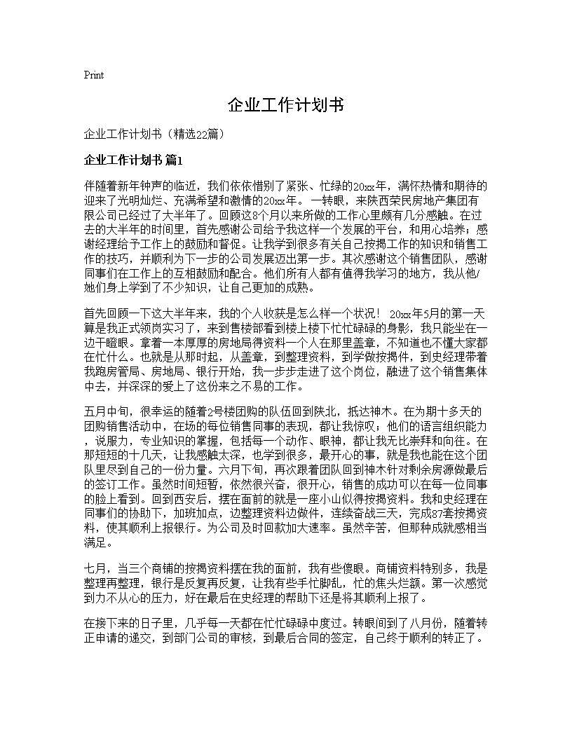 企业工作计划书22篇