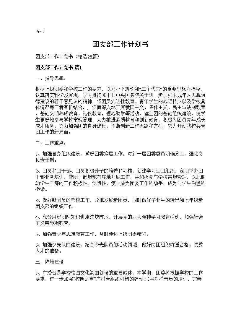 团支部工作计划书28篇