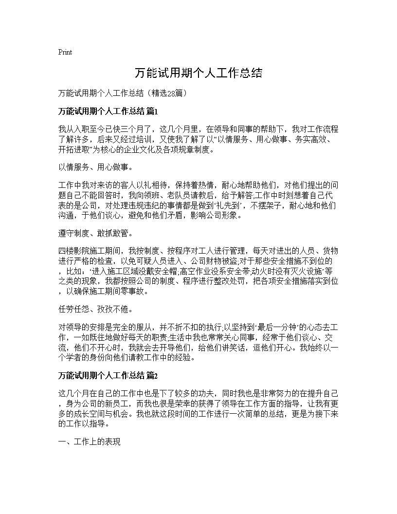 万能试用期个人工作总结28篇