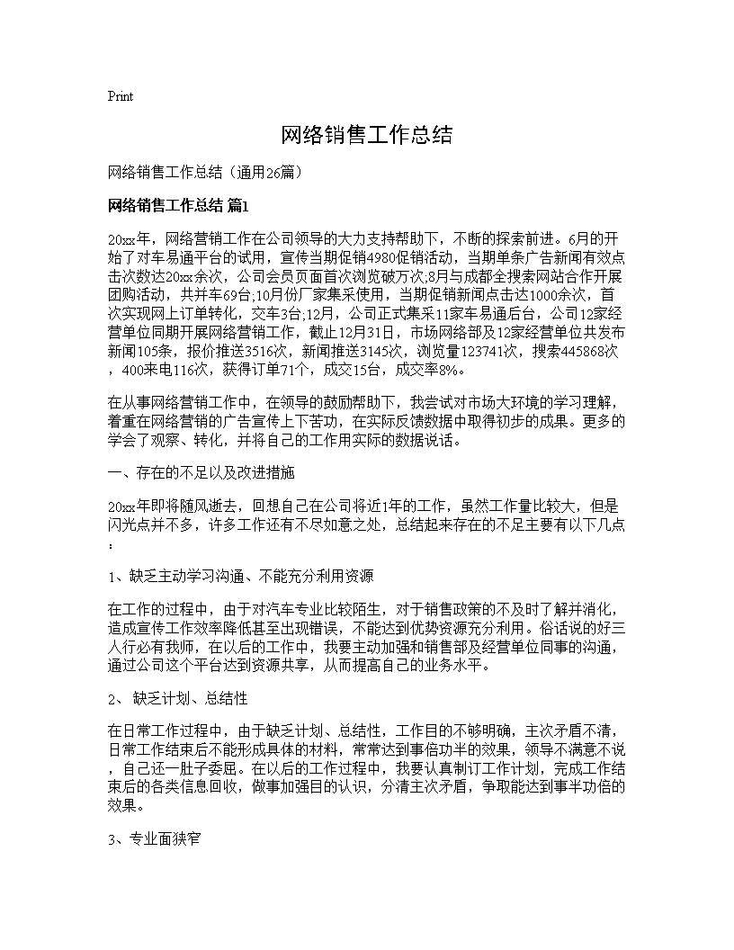 网络销售工作总结26篇