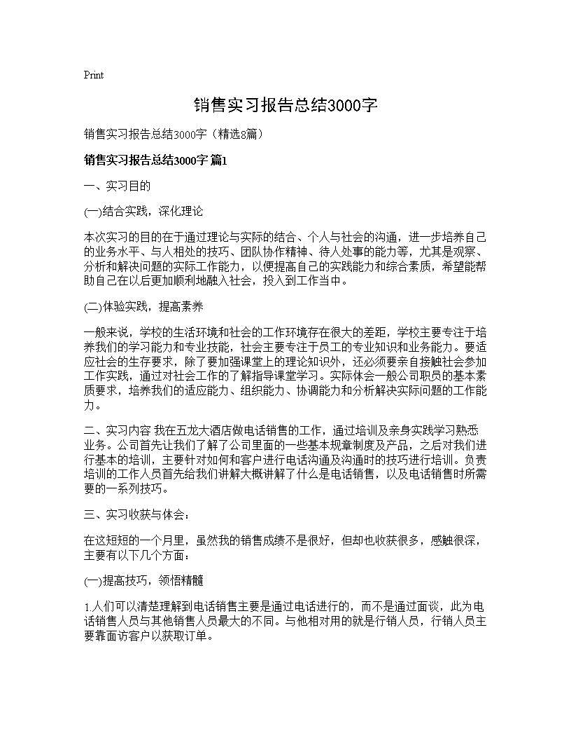 销售实习报告总结3000字8篇