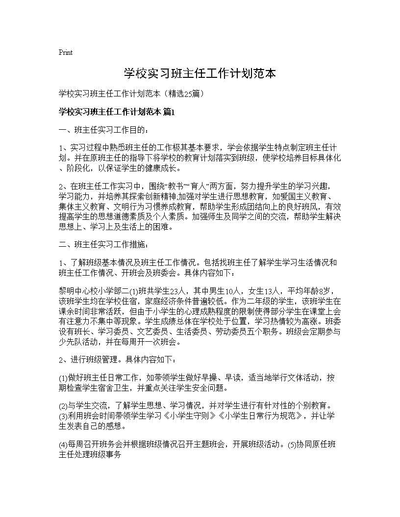 学校实习班主任工作计划范本25篇