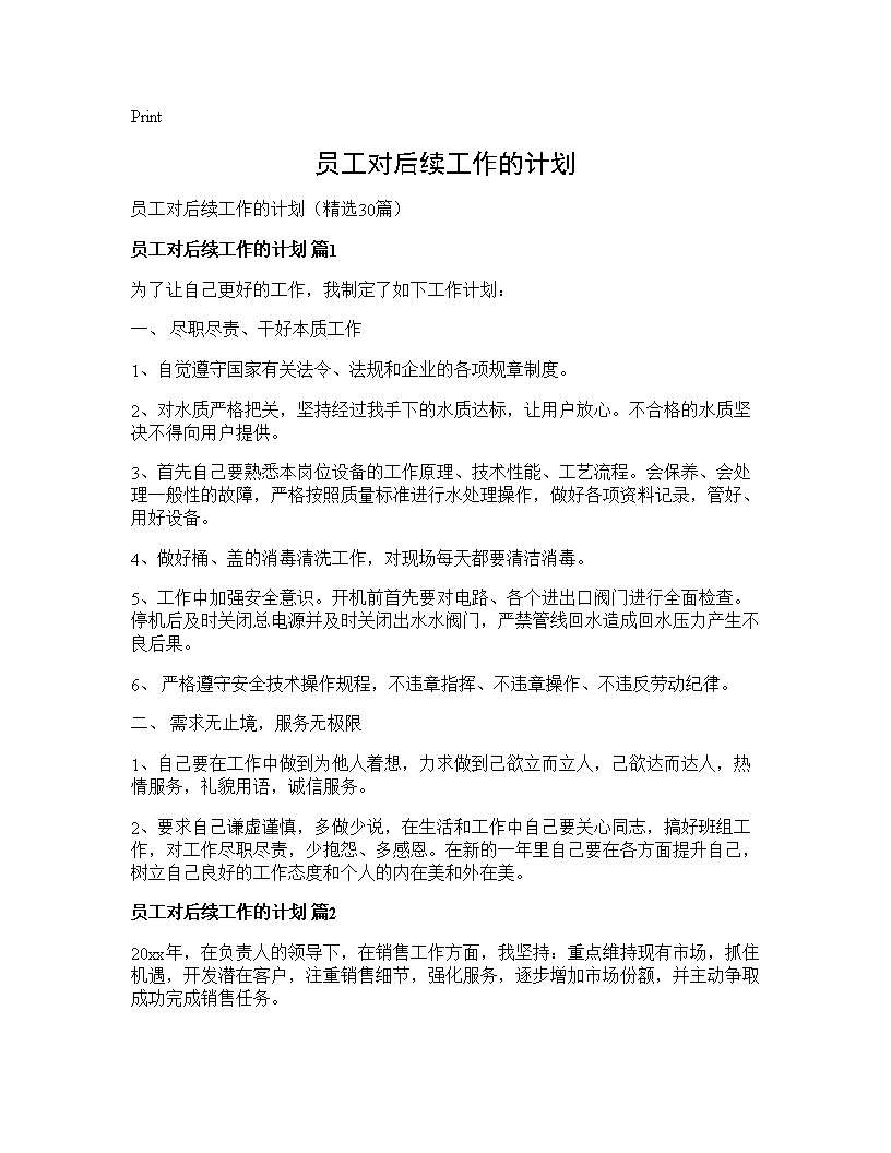 员工对后续工作的计划30篇