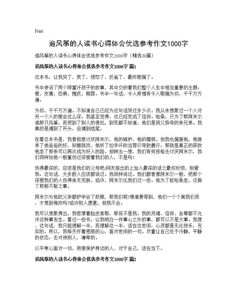 追风筝的人读书心得体会优选参考作文1000字30篇