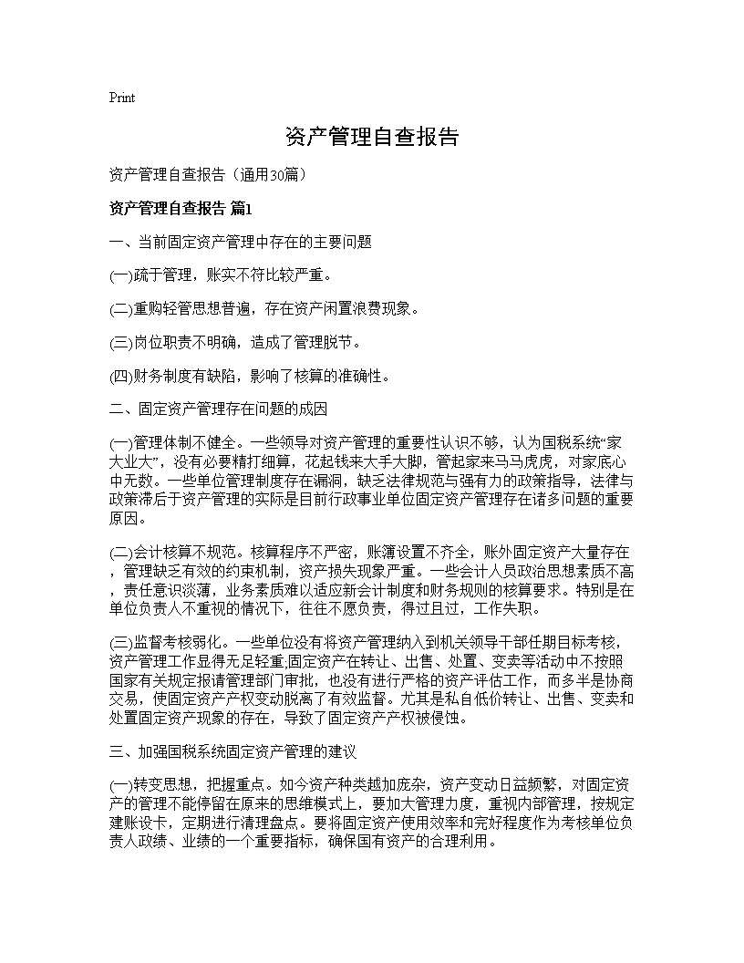 资产管理自查报告30篇