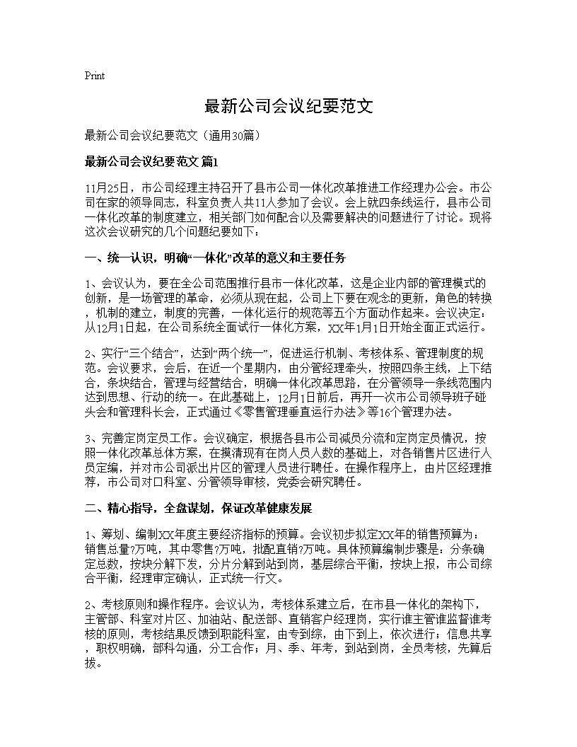 最新公司会议纪要范文30篇