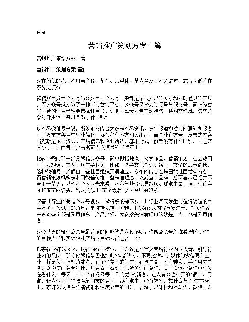 营销推广策划方案十篇