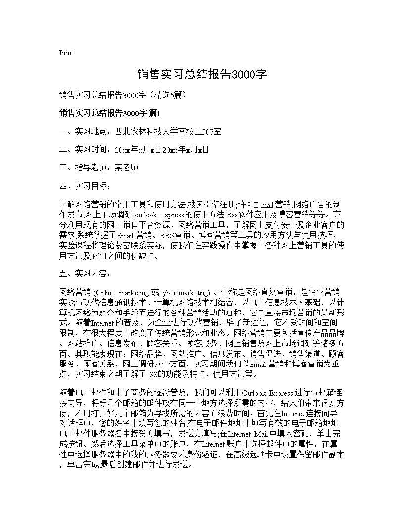 销售实习总结报告3000字5篇