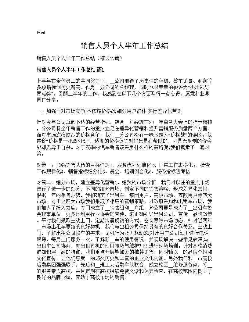 销售人员个人半年工作总结17篇