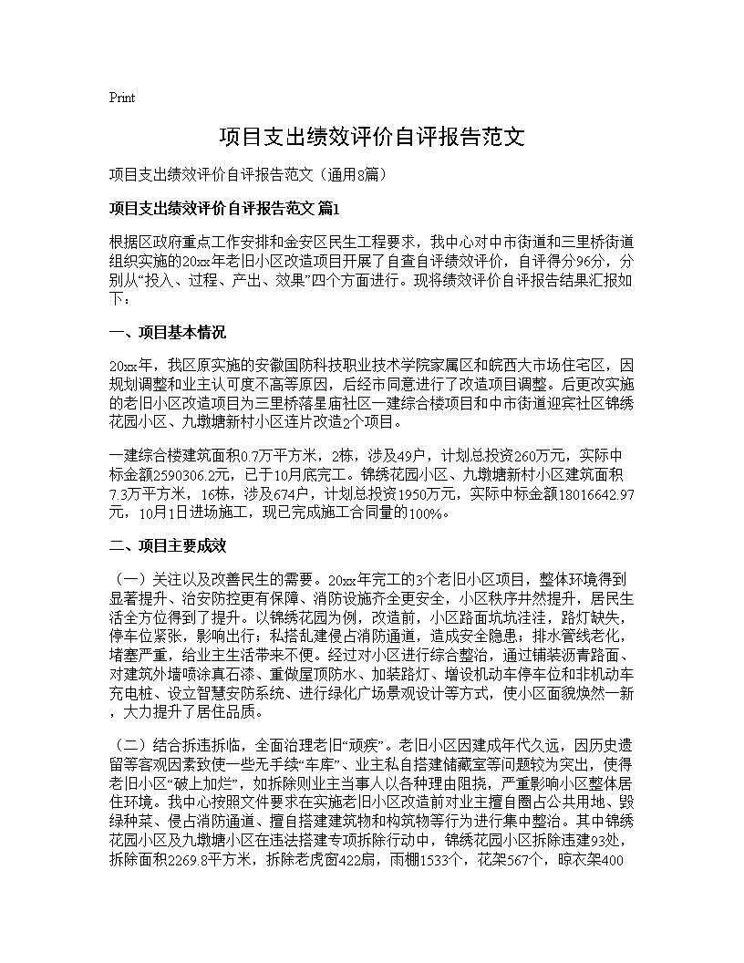 项目支出绩效评价自评报告范文8篇