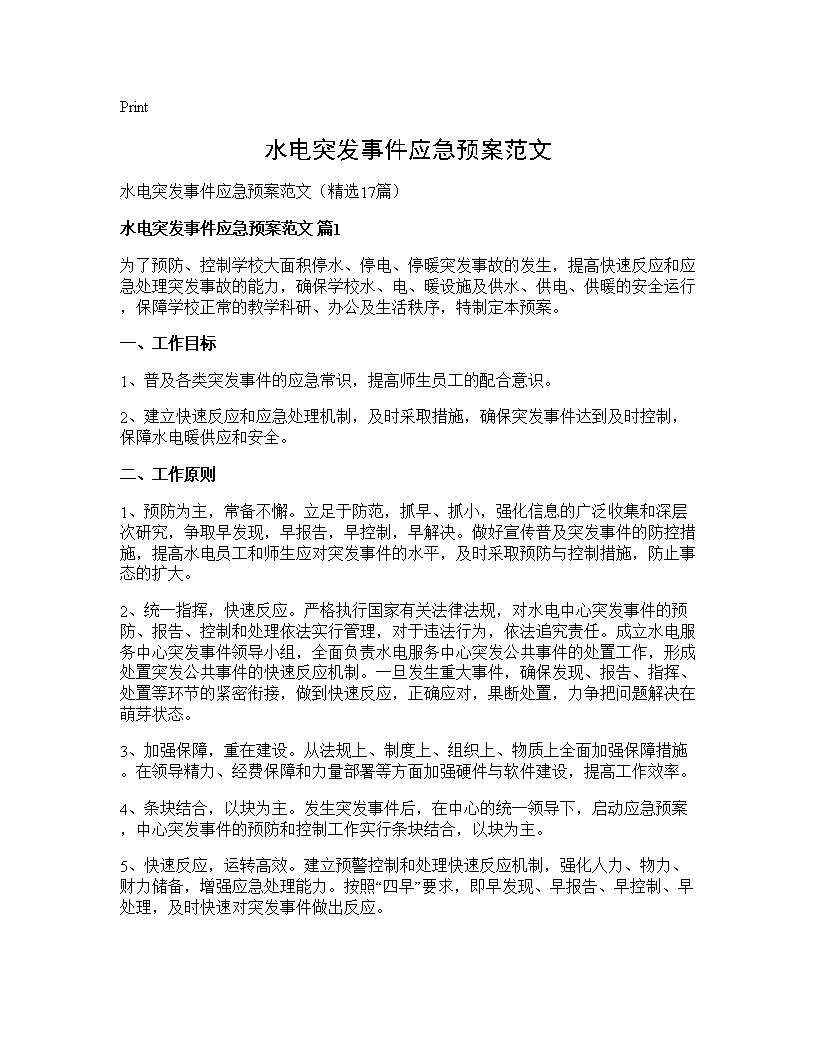 水电突发事件应急预案范文17篇