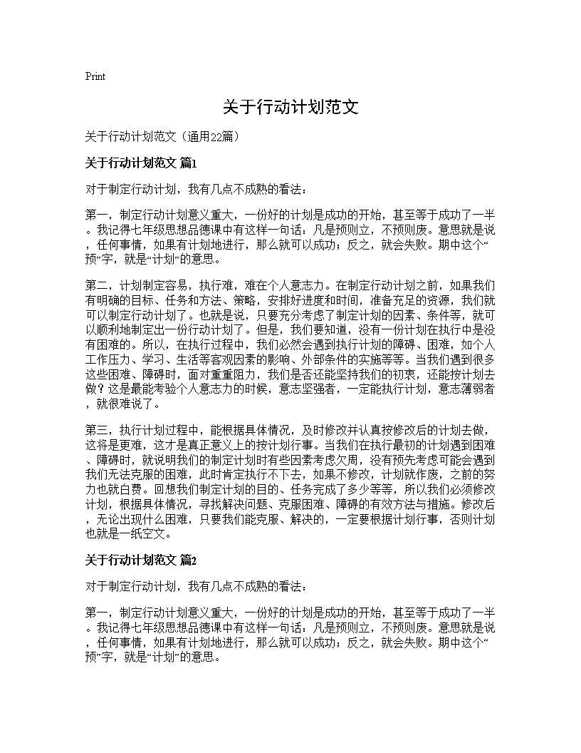 关于行动计划范文22篇