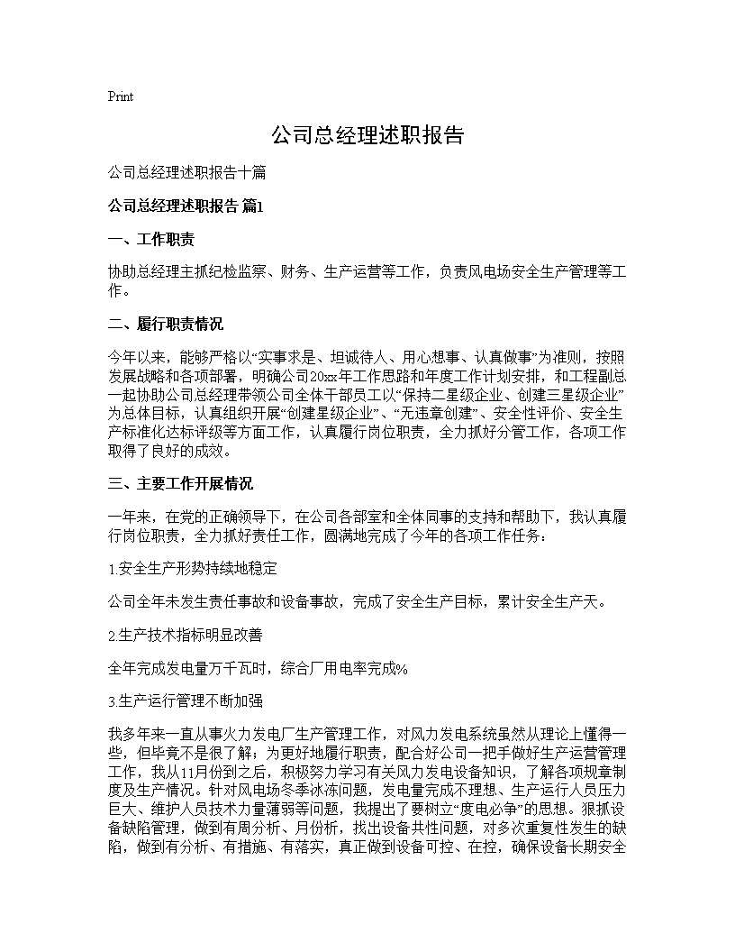 公司总经理述职报告