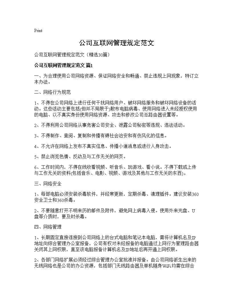 公司互联网管理规定范文30篇