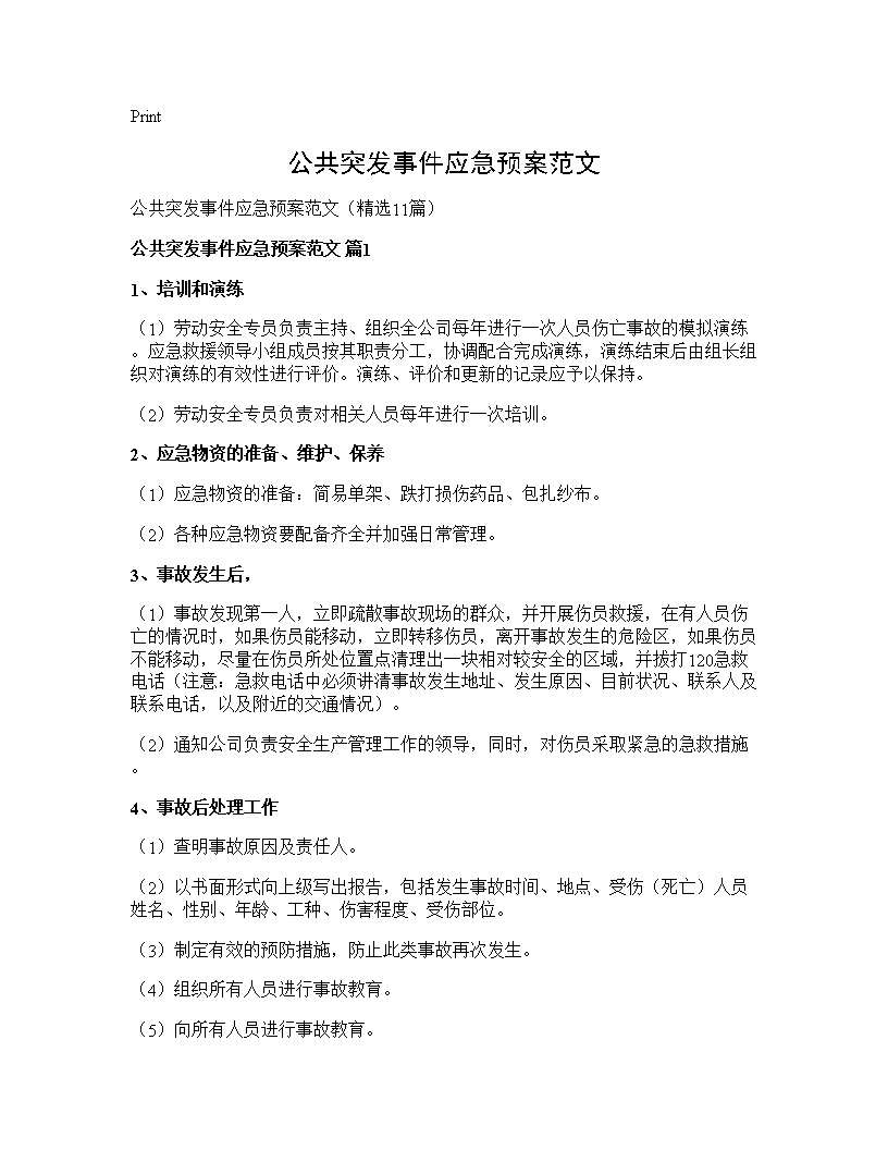 公共突发事件应急预案范文11篇