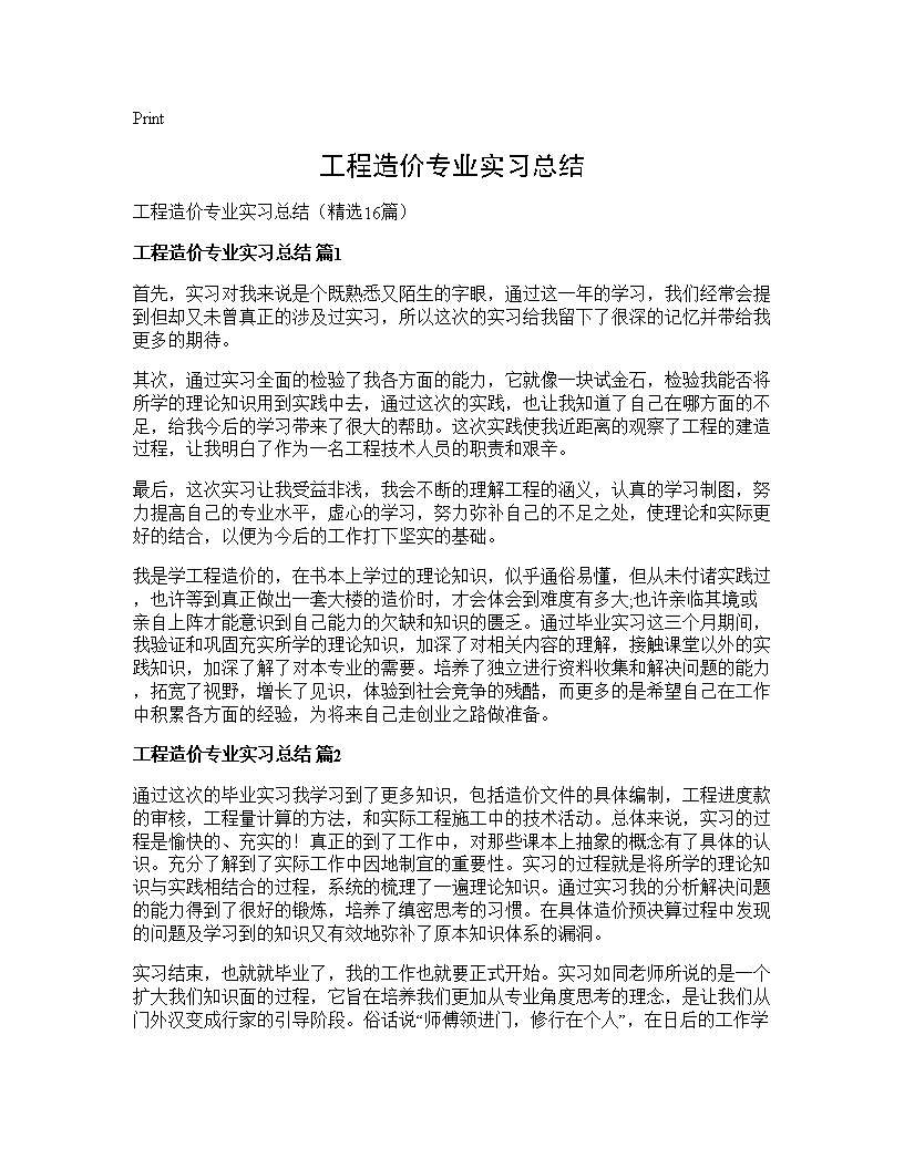 工程造价专业实习总结16篇