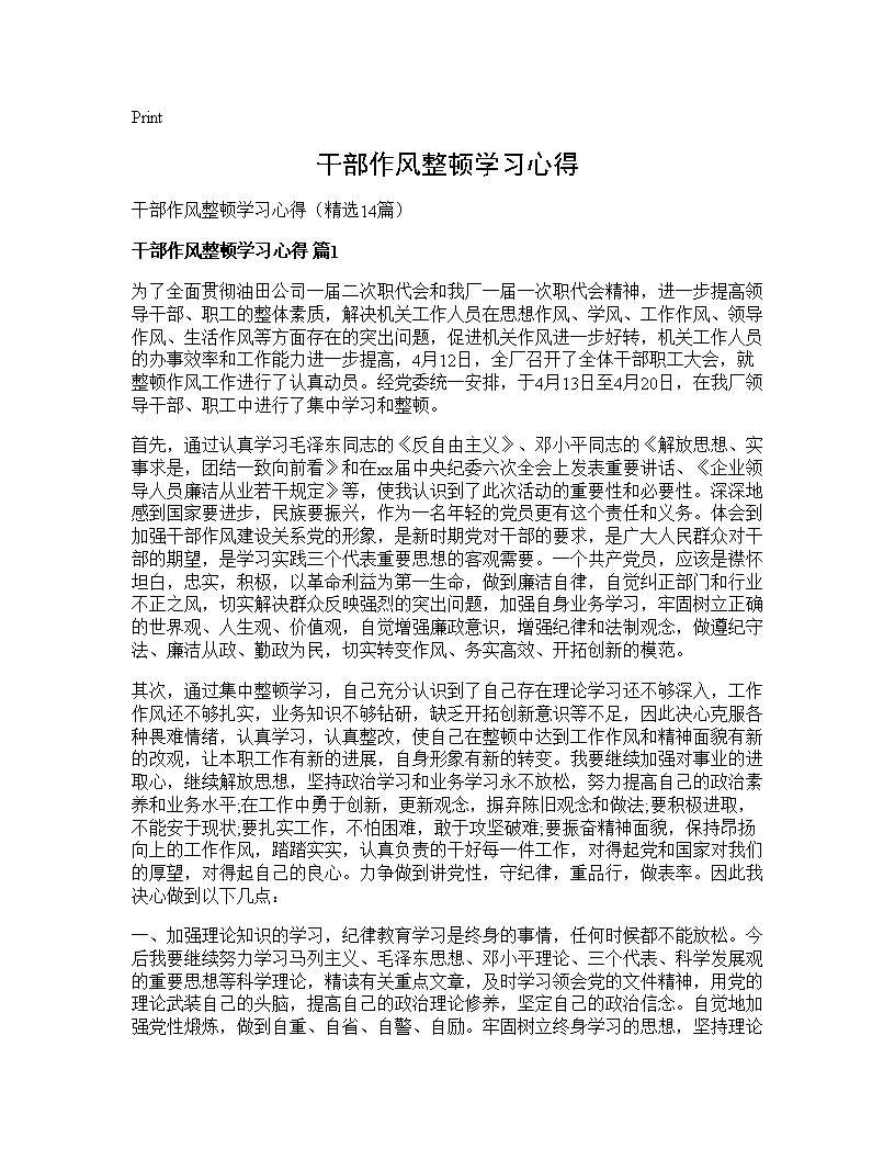 干部作风整顿学习心得14篇