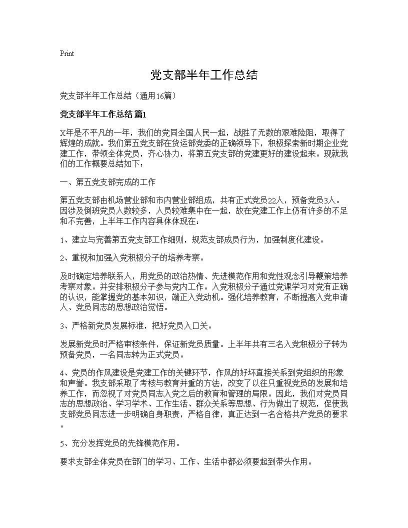 党支部半年工作总结16篇