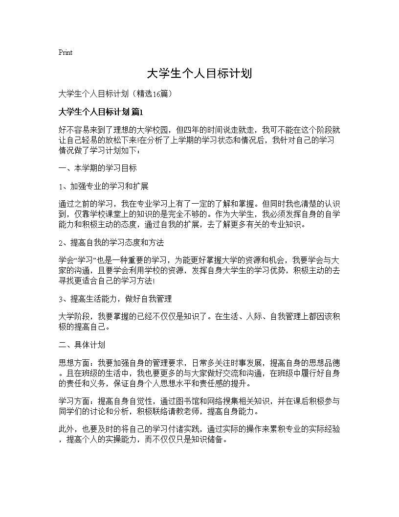 大学生个人目标计划16篇