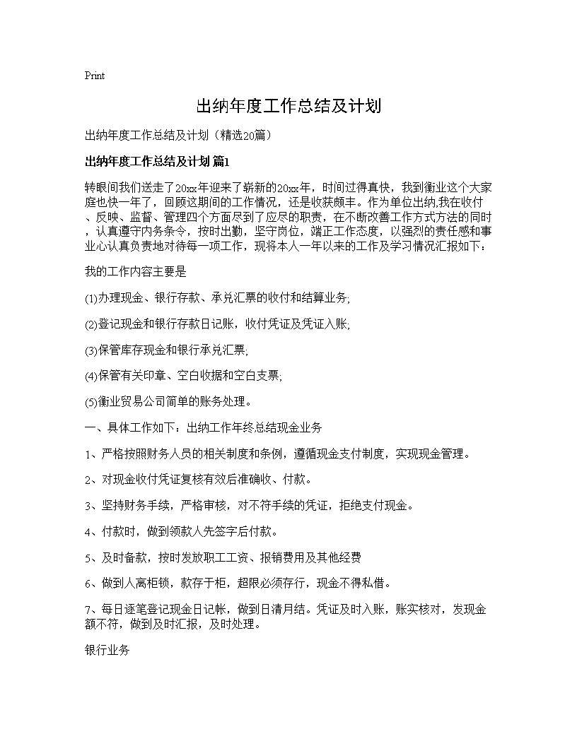 出纳年度工作总结及计划20篇