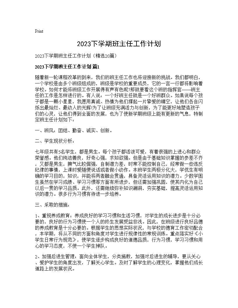 2025下学期班主任工作计划20篇