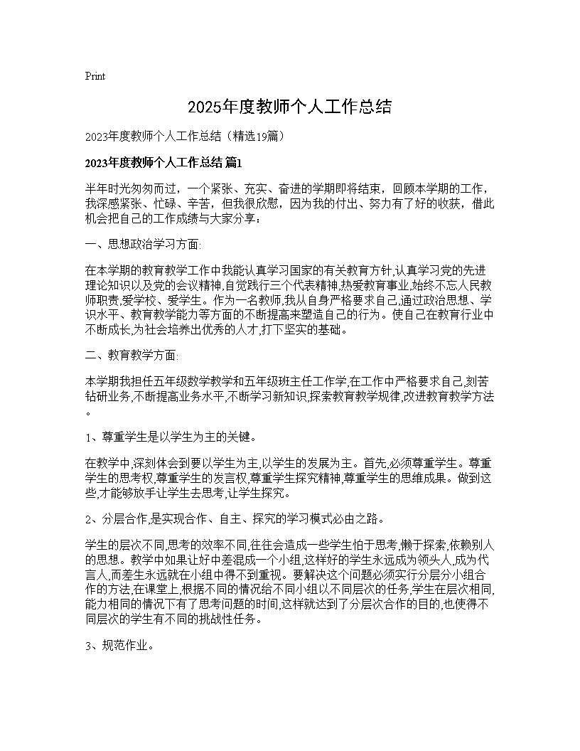 2025年度教师个人工作总结19篇