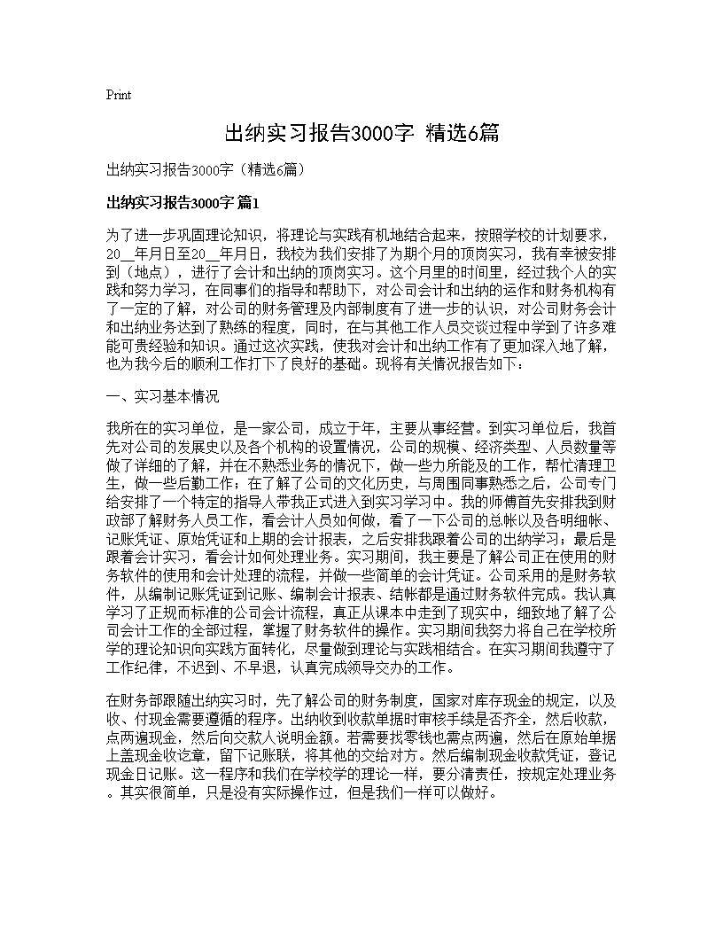 出纳实习报告3000字(精选6篇)