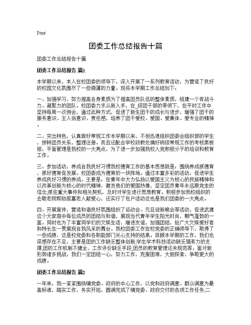 团委工作总结报告十篇