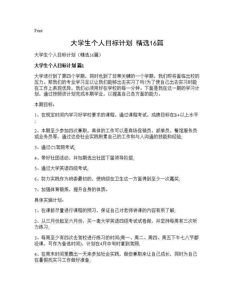 大学生个人目标计划(精选16篇)