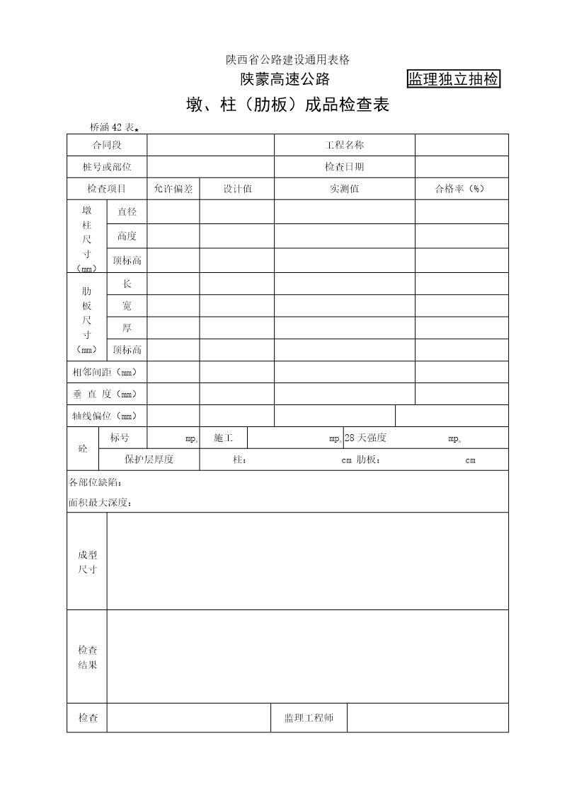 墩 柱(肋板)成品检查表