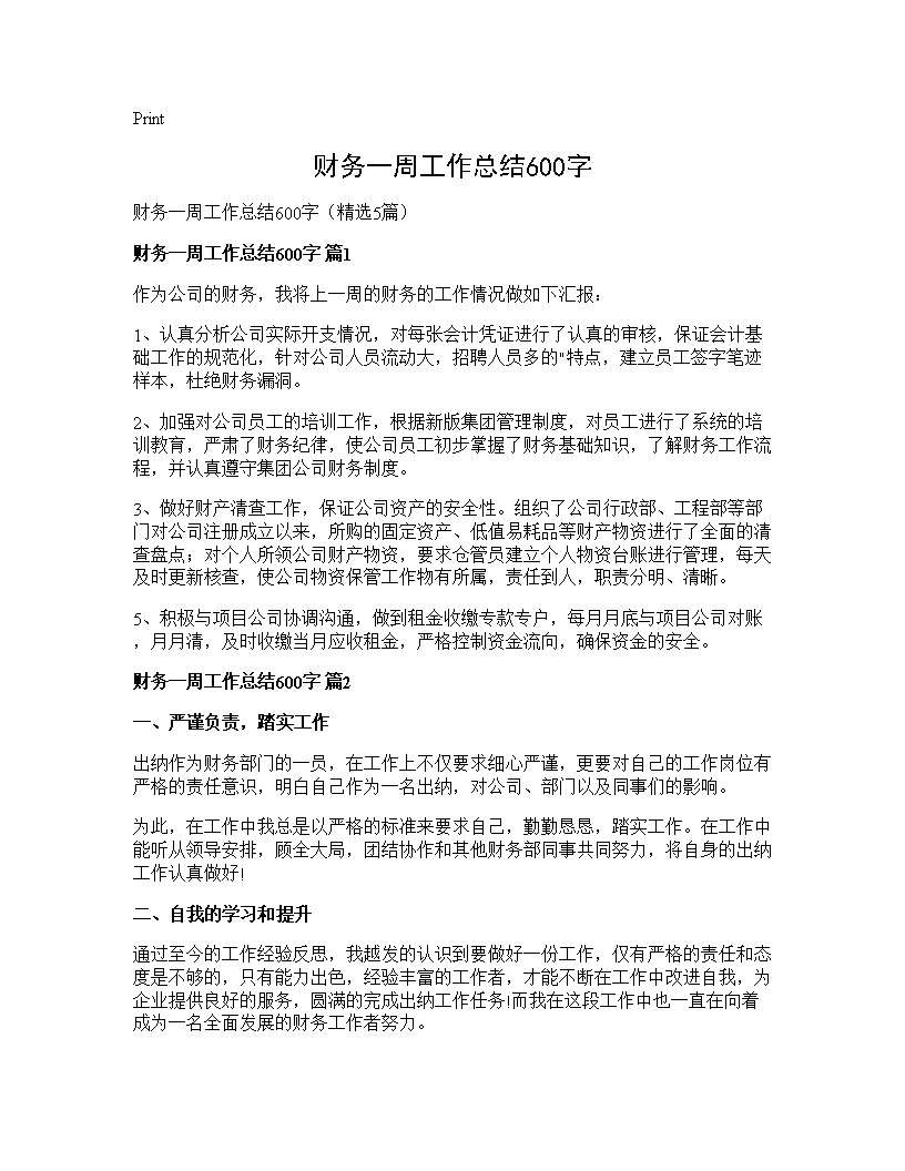 财务一周工作总结600字5篇