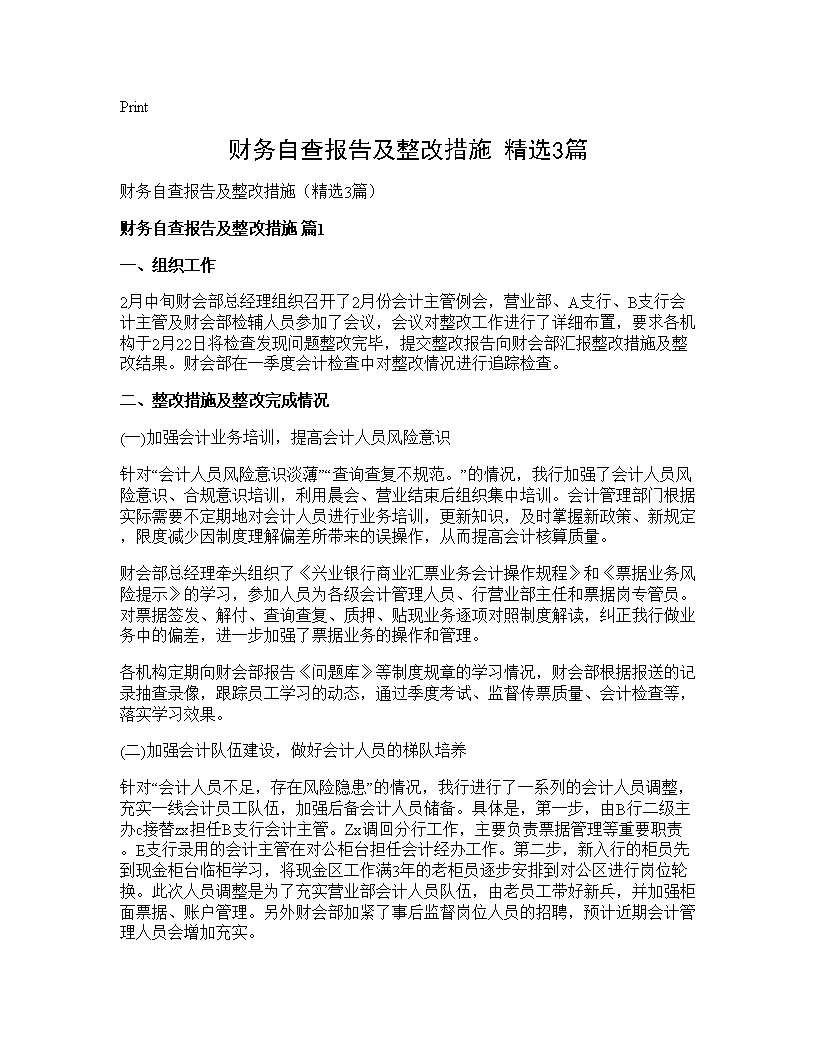 财务自查报告及整改措施(精选3篇)