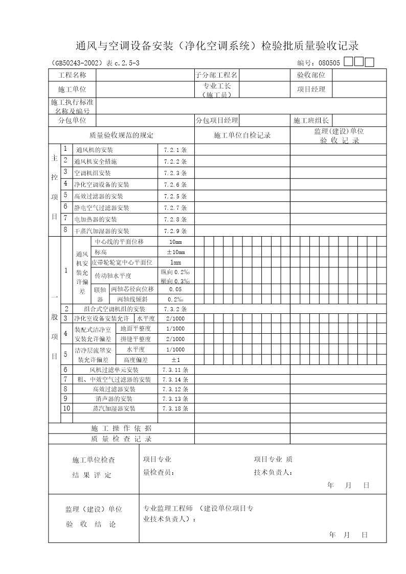 通风与空调设备安装(净化空调系统)检验批质量验收记录