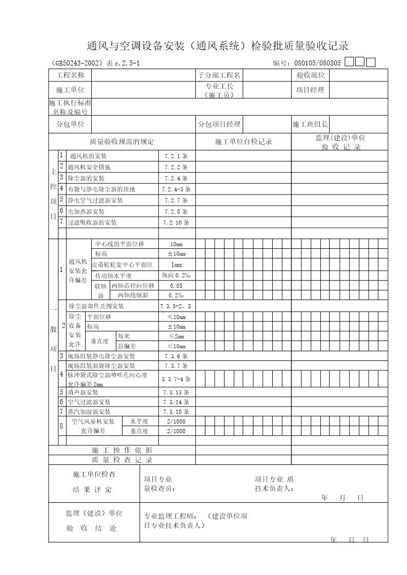 通风与空调设备(通风系统)质量验收记录