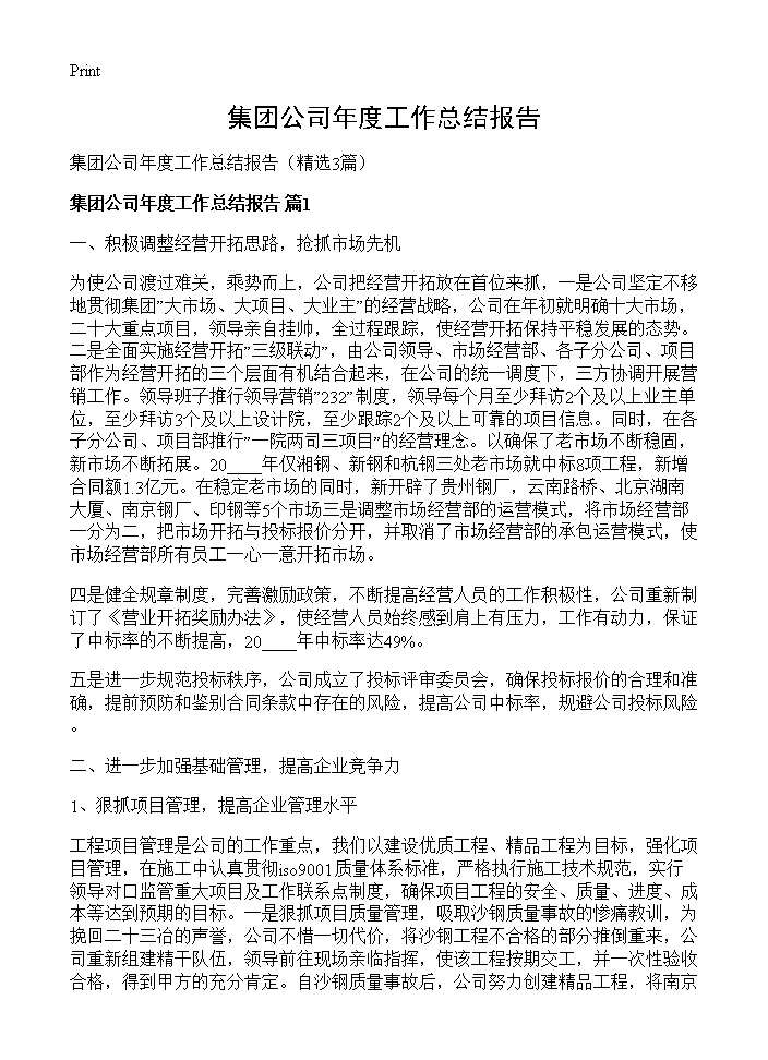 集团公司年度工作总结报告3篇