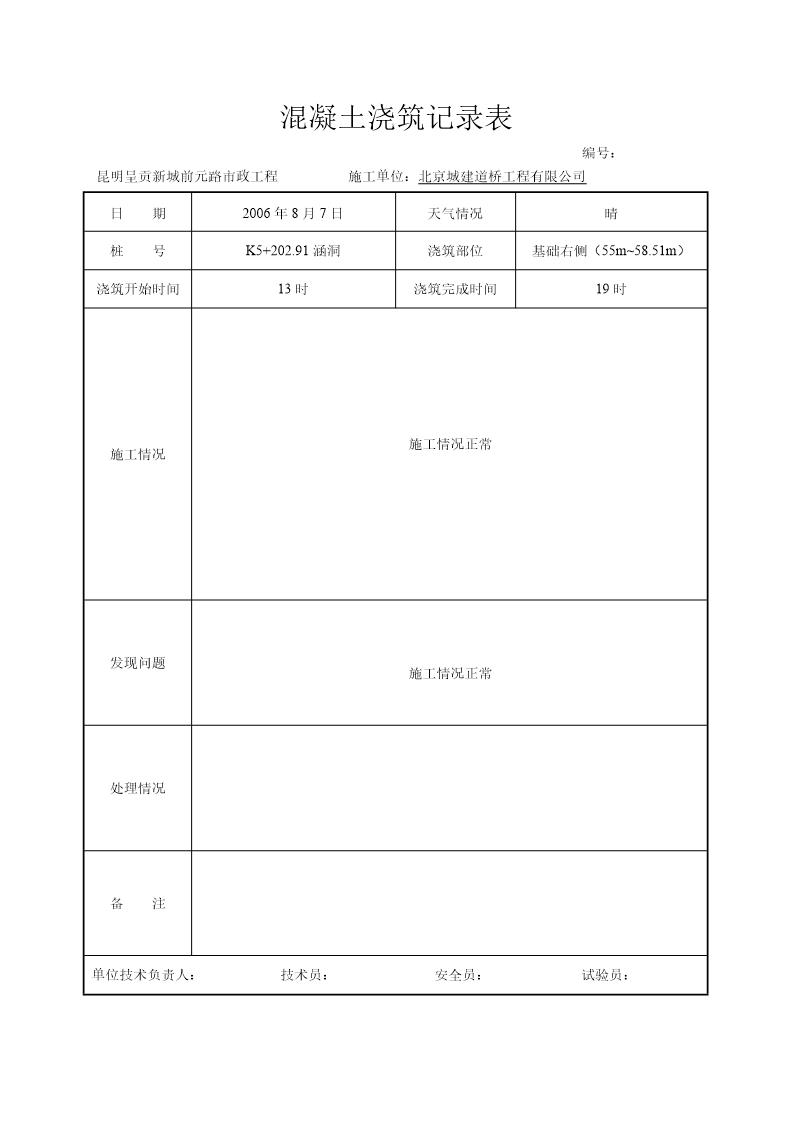 混凝土浇灌记录表-----施工单位用表