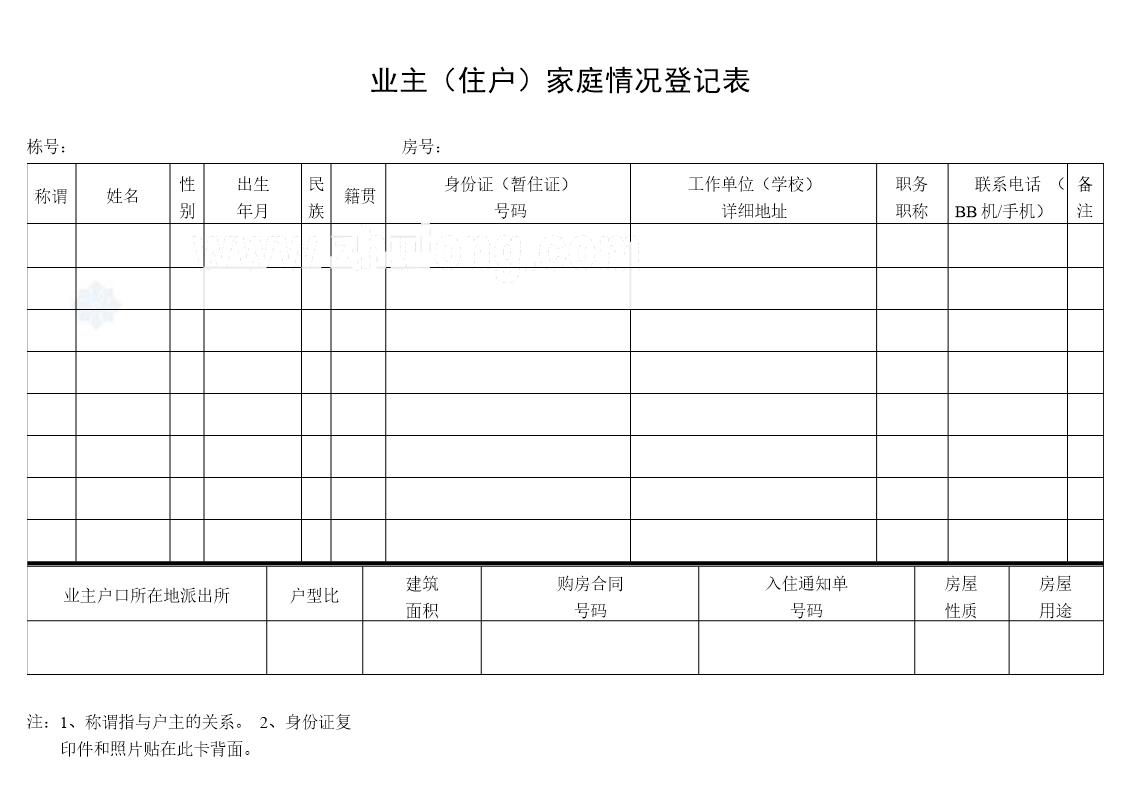 业主(住户)家庭情况登记表