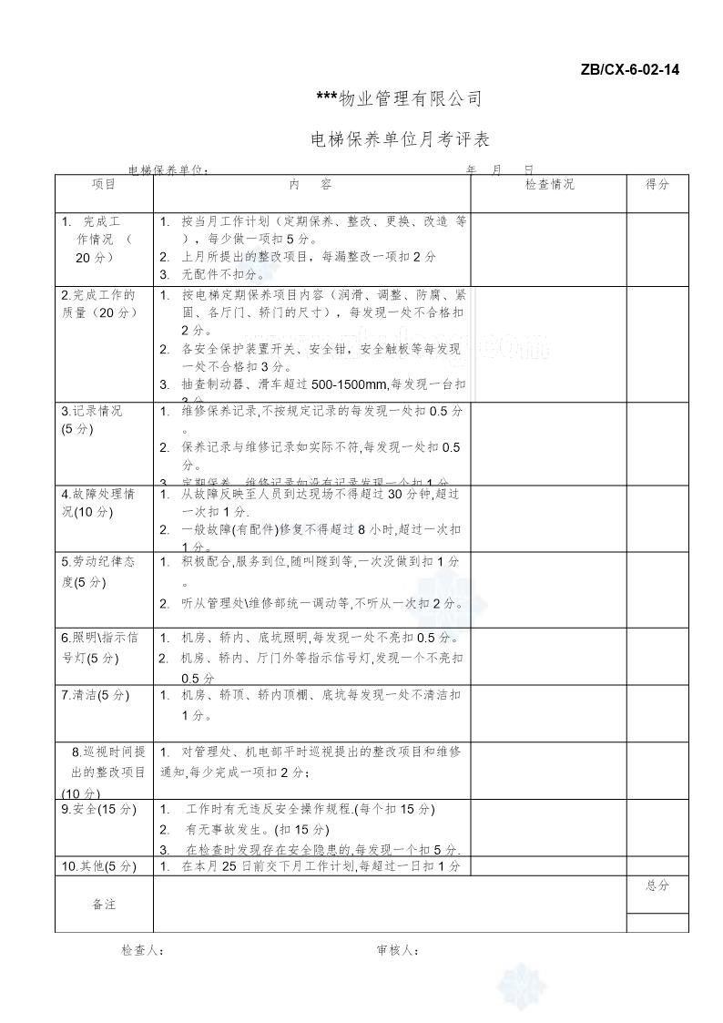 电梯保养单位月考评表