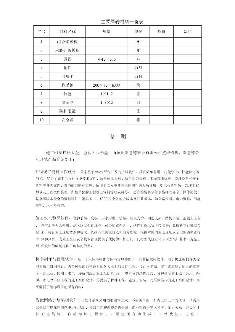 主要周转材料一览表