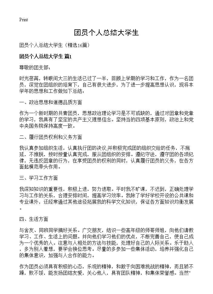 团员个人总结大学生16篇